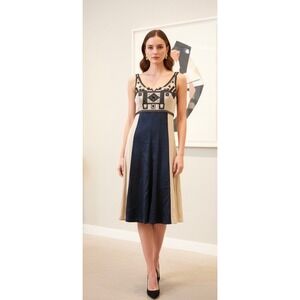 Sue Wong Dress Beaded Art Deco Empire Waist Colorblock Midi Size 10